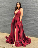 Burgundy Satin Prom Dresses with Slit Spaghetti Strap Evening Dress 21980-Prom Dresses-vigocouture-Burgundy-US2-vigocouture