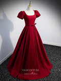 vigocouture-Burgundy Satin Puffed Sleeve Prom Dress Beaded String Formal Dresses 21336-Prom Dresses-vigocouture-