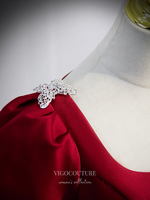 vigocouture-Burgundy Satin Puffed Sleeve Prom Dress Beaded String Formal Dresses 21336-Prom Dresses-vigocouture-