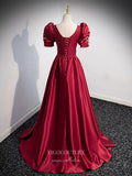 vigocouture-Burgundy Satin Puffed Sleeve Prom Dress Bow-Tie Formal Dresses 21331-Prom Dresses-vigocouture-