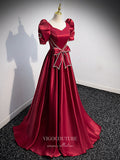 vigocouture-Burgundy Satin Puffed Sleeve Prom Dress Bow-Tie Formal Dresses 21331-Prom Dresses-vigocouture-