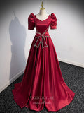 vigocouture-Burgundy Satin Puffed Sleeve Prom Dress Bow-Tie Formal Dresses 21331-Prom Dresses-vigocouture-Burgundy-US2-