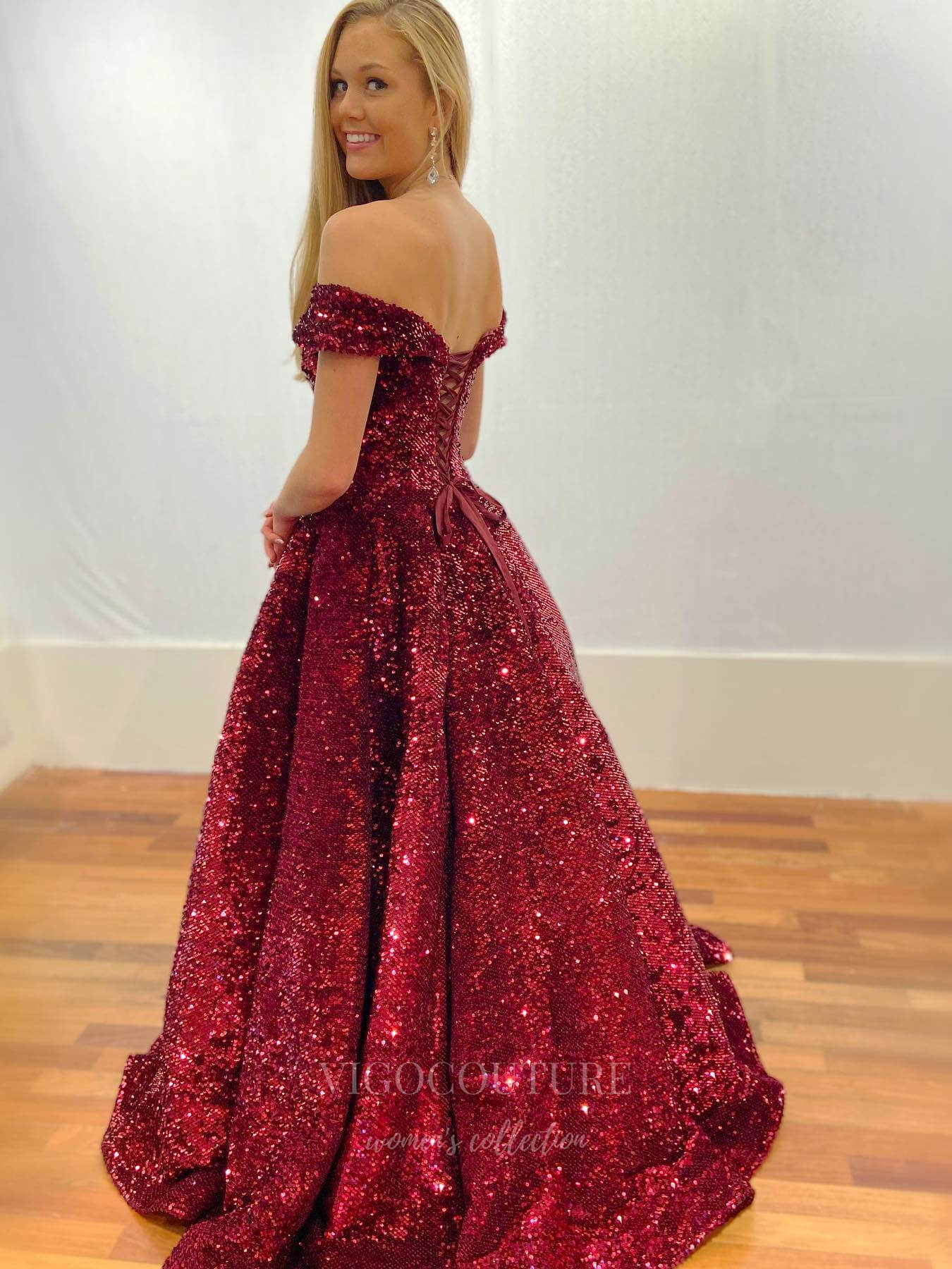 vigocouture-Burgundy Sequin Off the Shoulder Prom Dress 20956-Prom Dresses-vigocouture-