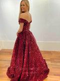 vigocouture-Burgundy Sequin Off the Shoulder Prom Dress 20956-Prom Dresses-vigocouture-
