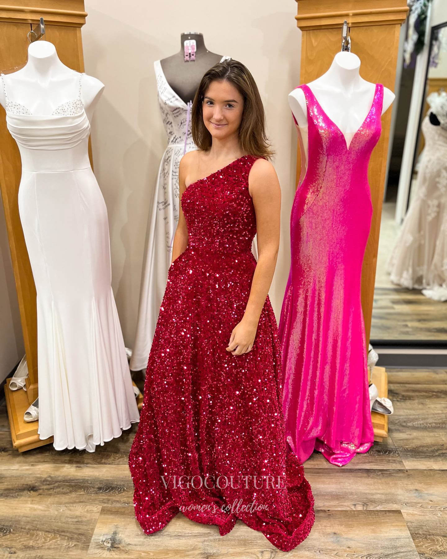 Burgundy Sequin Prom Dresses One Shoulder Formal Gown 21943-Prom Dresses-vigocouture-Burgundy-US2-vigocouture