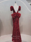 vigocouture-Burgundy Sequin Prom Dresses Puffed Sleeve Mermaid Formal Dresses 21042-Prom Dresses-vigocouture-