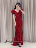 vigocouture-Burgundy Sequin Prom Dresses Puffed Sleeve Mermaid Formal Dresses 21042-Prom Dresses-vigocouture-