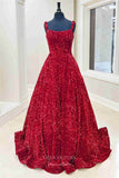 Burgundy Sequin Prom Dresses Spaghetti Strap Formal Gown 21924-Prom Dresses-vigocouture-Burgundy-US2-vigocouture