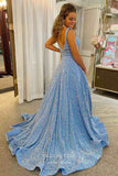 Burgundy Sequin Prom Dresses Spaghetti Strap Formal Gown 21924-Prom Dresses-vigocouture-Light Blue-US2-vigocouture