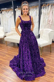 Burgundy Sequin Prom Dresses Spaghetti Strap Formal Gown 21924-Prom Dresses-vigocouture-Purple-US2-vigocouture
