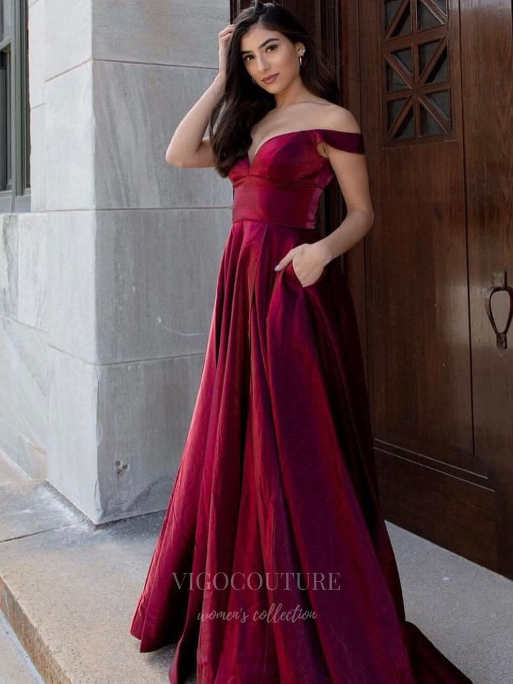 vigocouture-Burgundy Shiny Satin Off the Shoulder Prom Dress 20932-Prom Dresses-vigocouture-