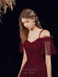 vigocouture-Burgundy Spaghetti Strap Beaded Prom Dress 20718-Prom Dresses-vigocouture-