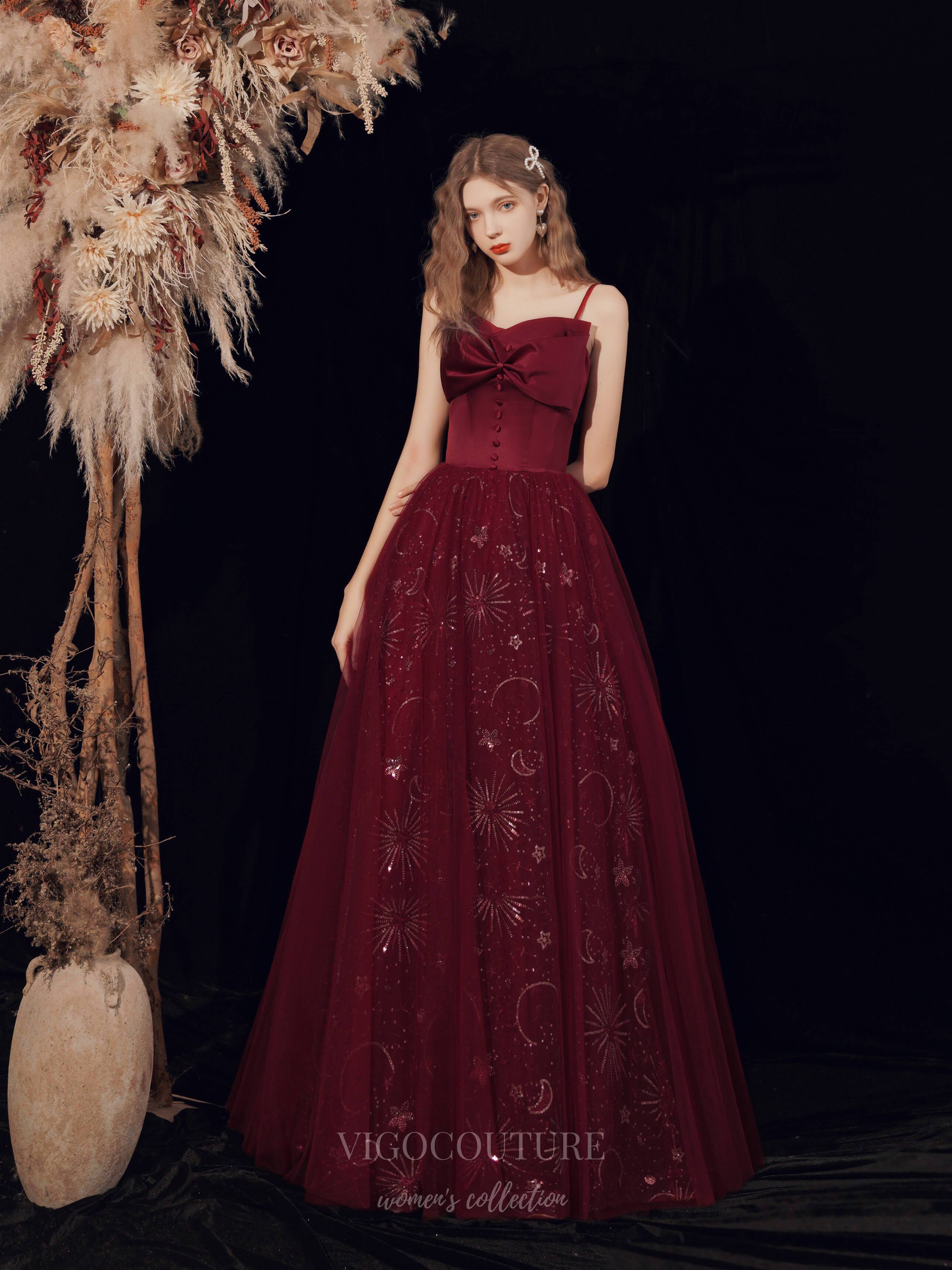 vigocouture-Burgundy Spaghetti Strap Bow Prom Dress 20716-Prom Dresses-vigocouture-