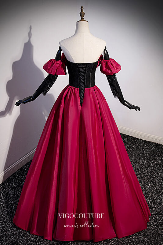 vigocouture-Burgundy Sparkly Satin Formal Dress A-Line Removable Sleeve Prom Dresses 21668-Prom Dresses-vigocouture-