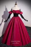 vigocouture-Burgundy Sparkly Satin Formal Dress A-Line Removable Sleeve Prom Dresses 21668-Prom Dresses-vigocouture-Burgundy-US2-