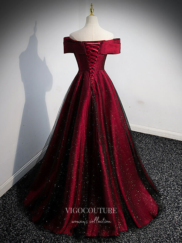 vigocouture-Burgundy Sparkly Satin Prom Dress Off the Shoulder Formal Dresses 21332-Prom Dresses-vigocouture-