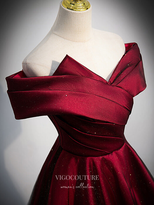 vigocouture-Burgundy Sparkly Satin Prom Dress Off the Shoulder Formal Dresses 21332-Prom Dresses-vigocouture-