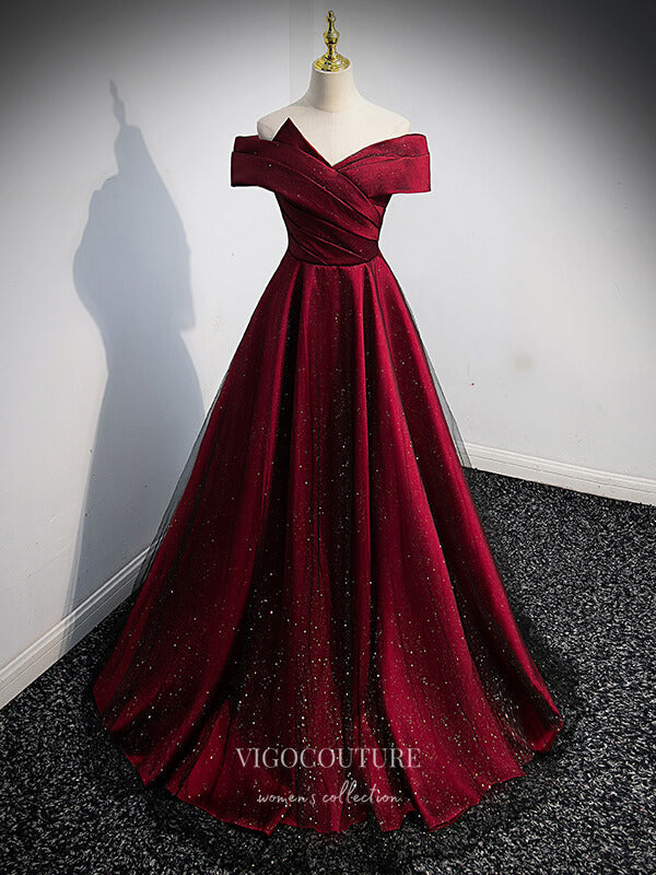 vigocouture-Burgundy Sparkly Satin Prom Dress Off the Shoulder Formal Dresses 21332-Prom Dresses-vigocouture-Burgundy-US2-