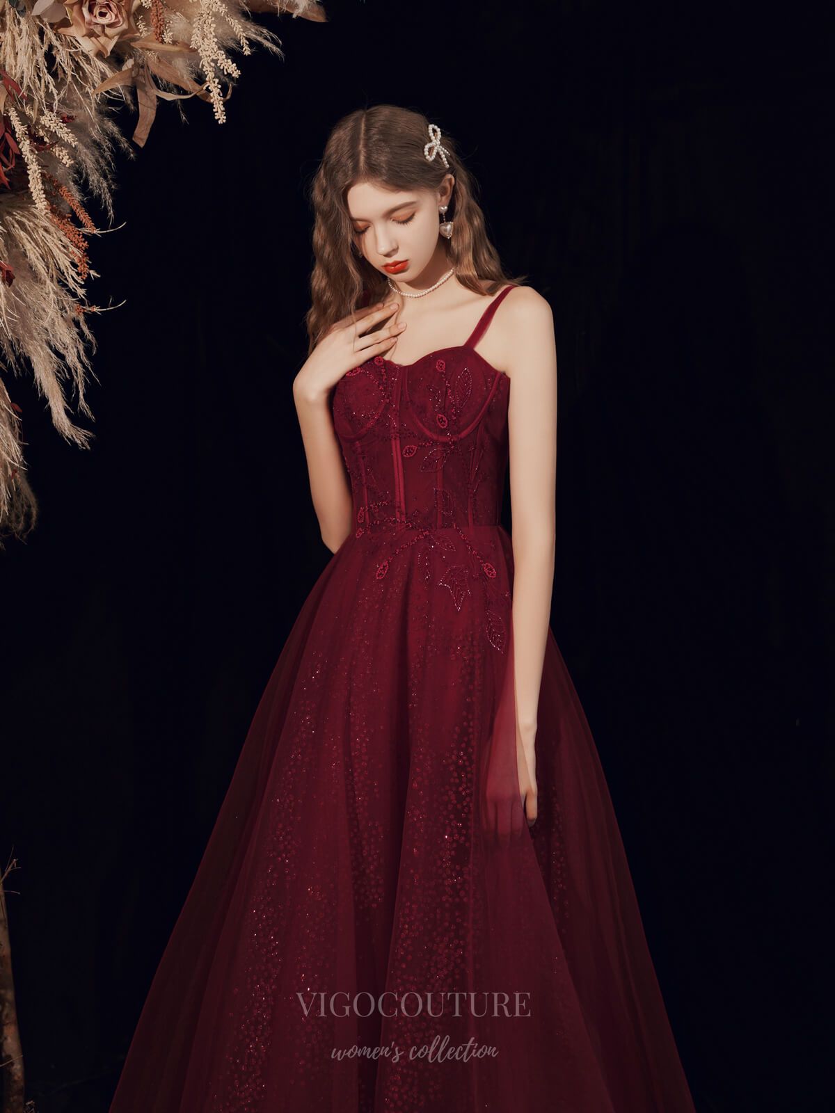 vigocouture-Burgundy Sparkly Tulle Beaded Prom Dress 20717-Prom Dresses-vigocouture-