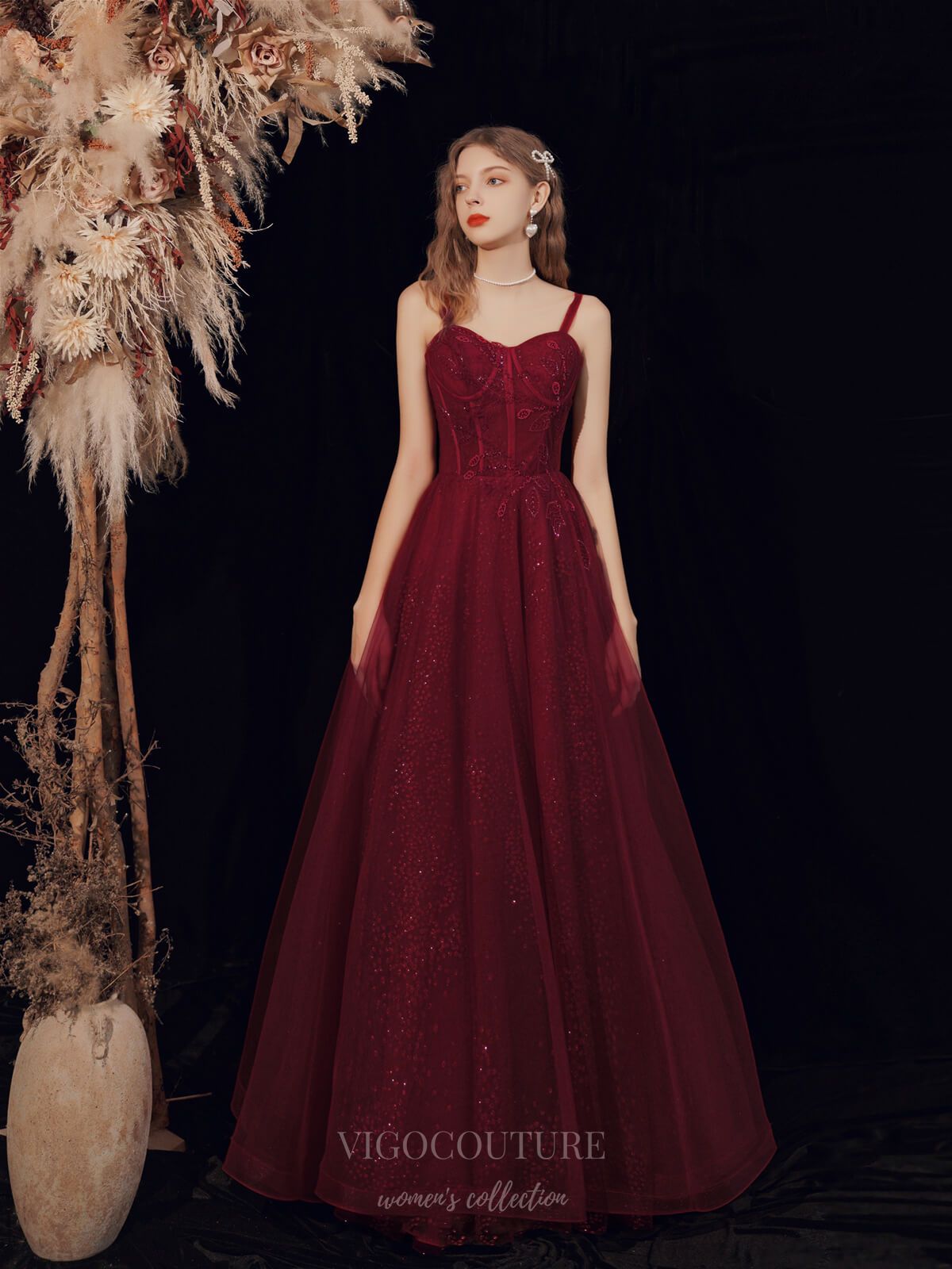 vigocouture-Burgundy Sparkly Tulle Beaded Prom Dress 20717-Prom Dresses-vigocouture-Burgundy-US2-