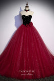 vigocouture-Burgundy Sparkly Tulle Prom Dresses Strapless Formal Dresses 21650-Prom Dresses-vigocouture-