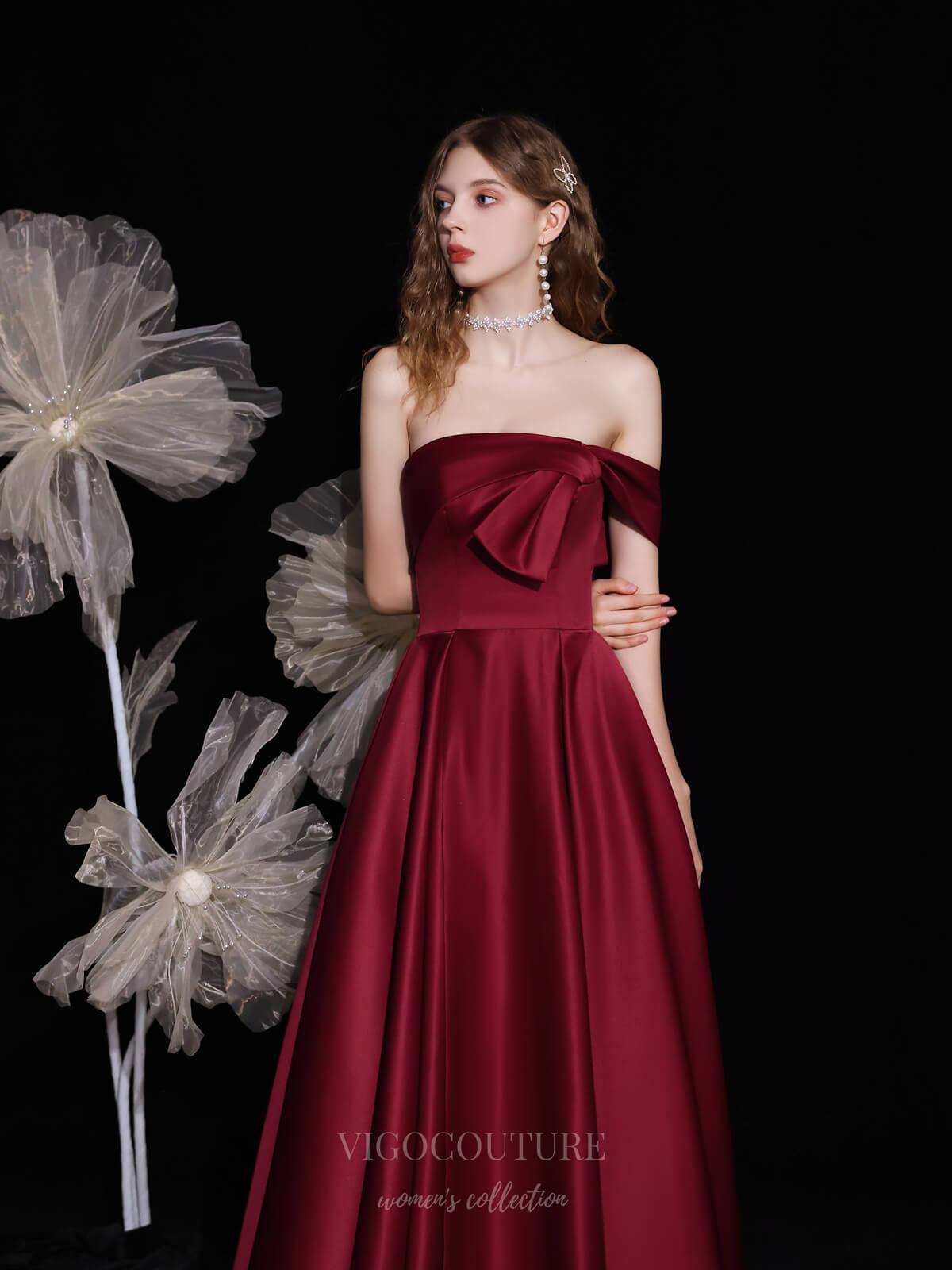 vigocouture-Burgundy Strapless Satin Prom Dress 20723-Prom Dresses-vigocouture-