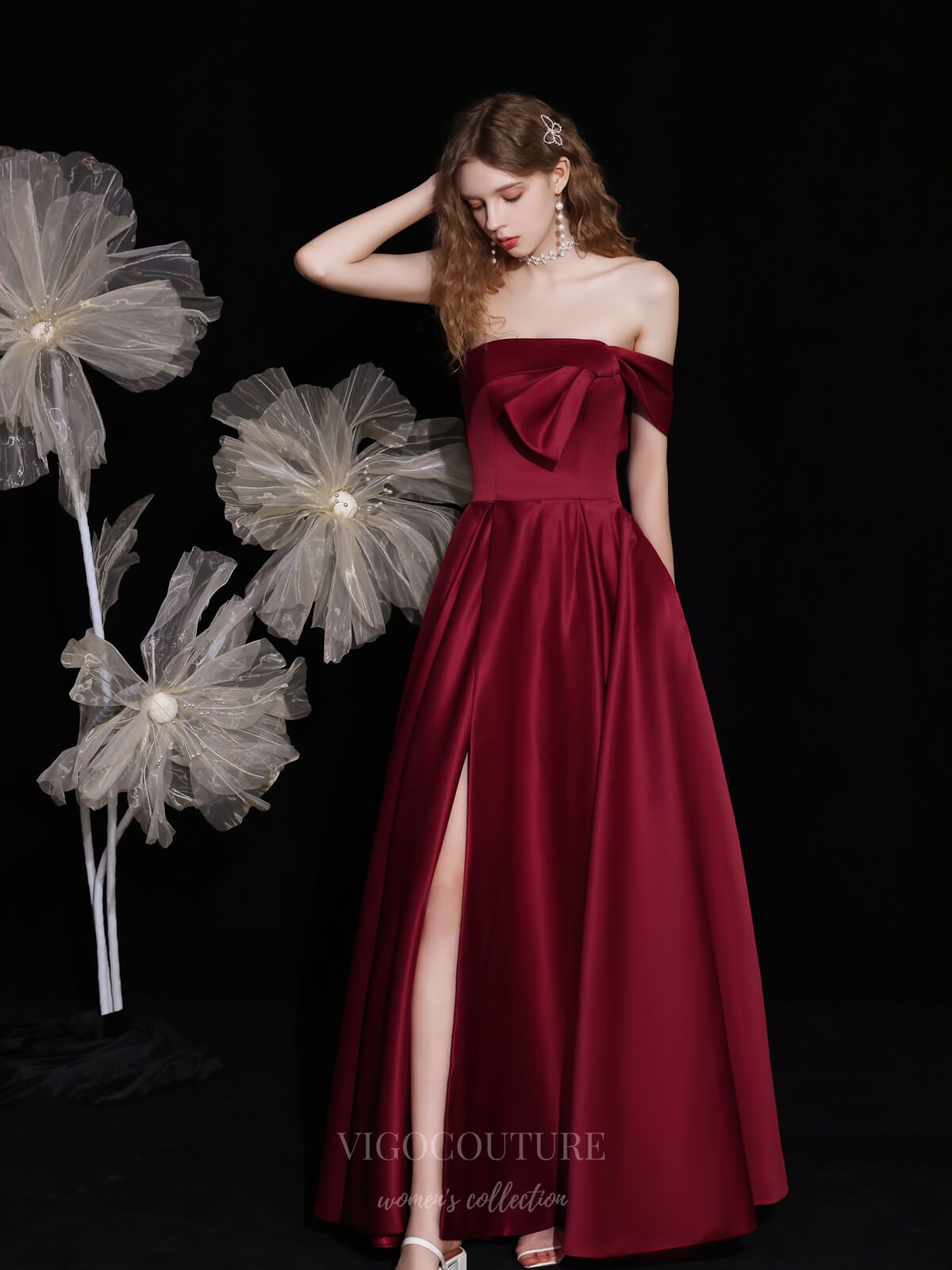 vigocouture-Burgundy Strapless Satin Prom Dress 20723-Prom Dresses-vigocouture-Burgundy-US2-