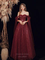 Burgundy Strapless Sparkly Tulle Prom Dress 20724