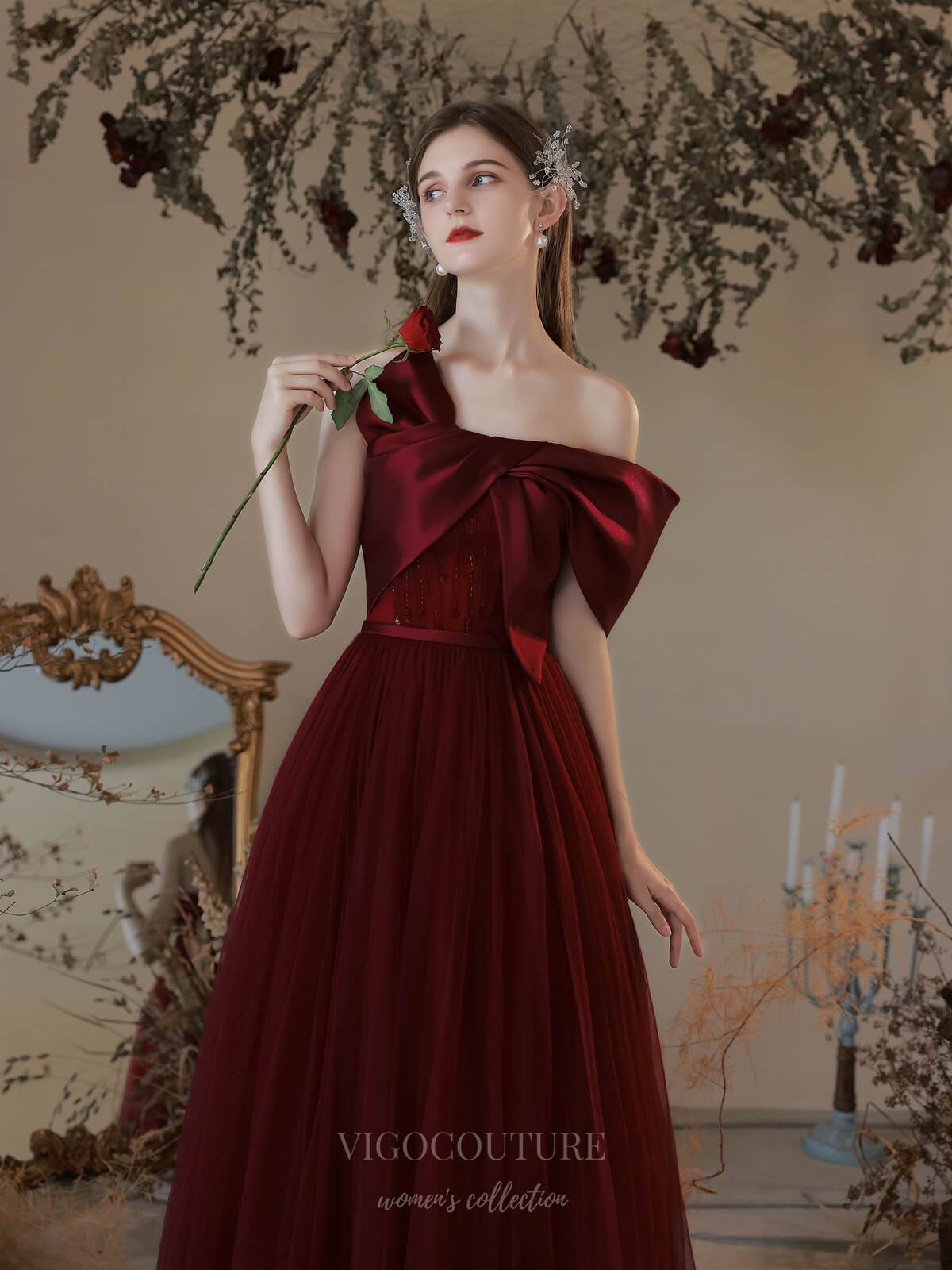 vigocouture-Burgundy Strapless Tulle Bow Prom Dress 20743-Prom Dresses-vigocouture-