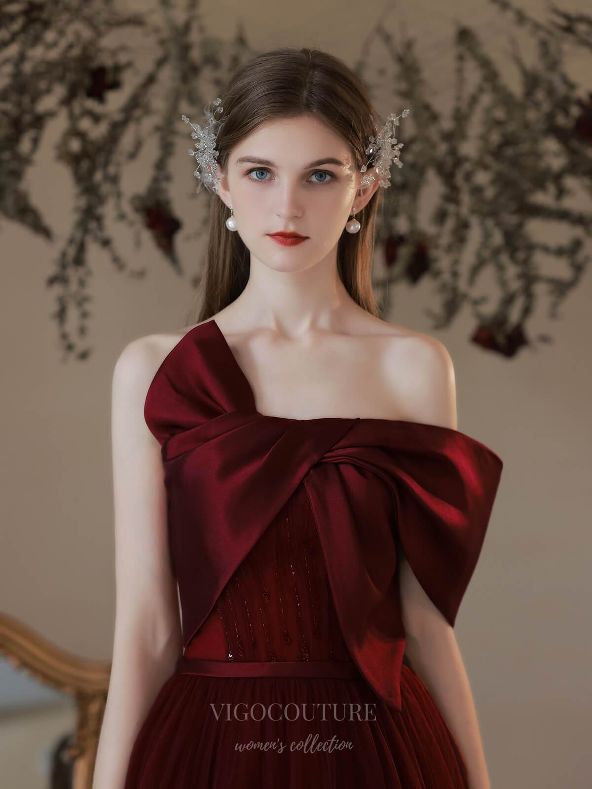 vigocouture-Burgundy Strapless Tulle Bow Prom Dress 20743-Prom Dresses-vigocouture-