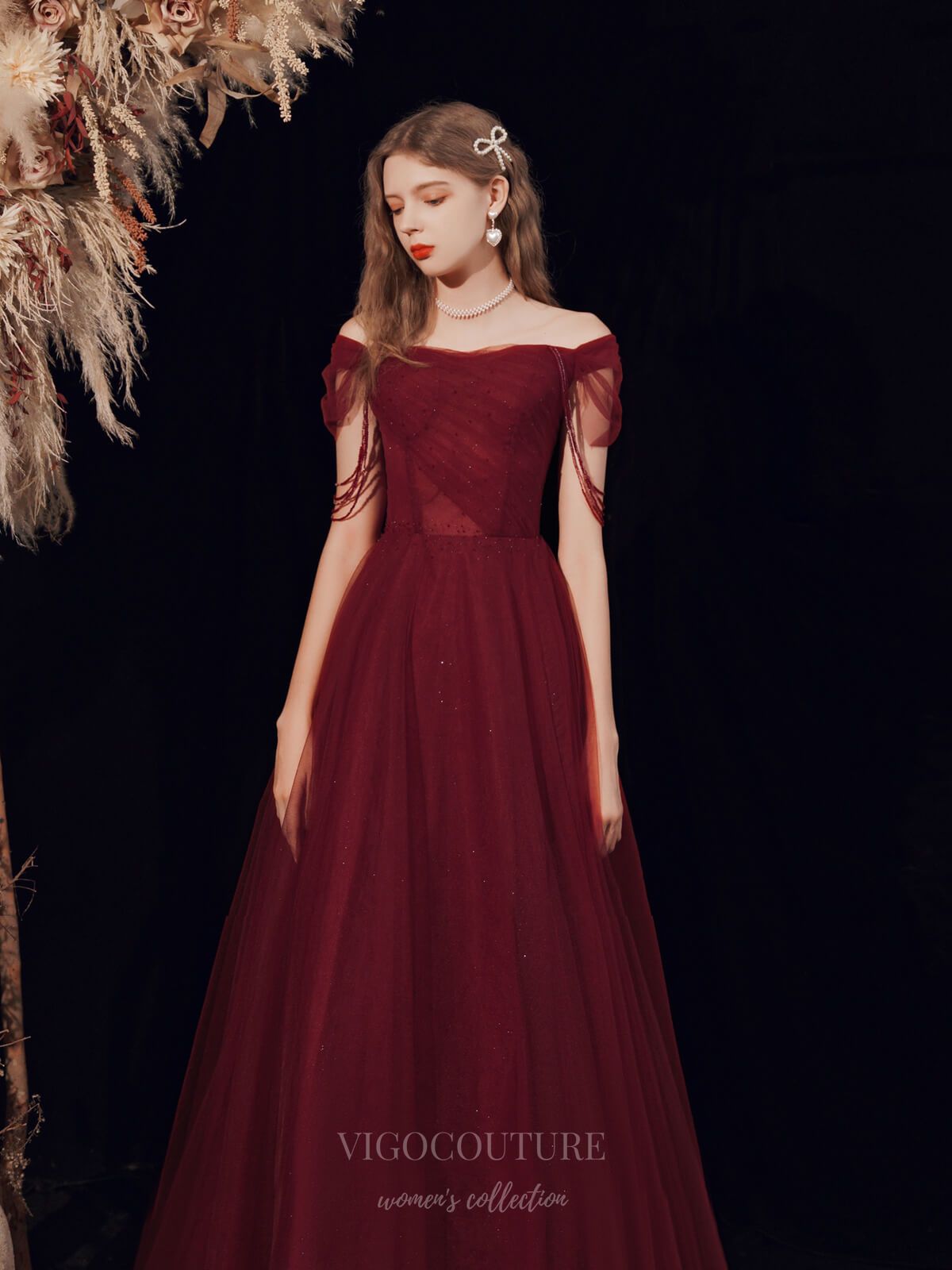vigocouture-Burgundy Tulle Off the Shoulder Prom Dress 20725-Prom Dresses-vigocouture-
