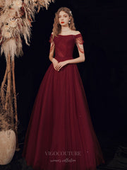 Burgundy Tulle Off the Shoulder Prom Dress 20725