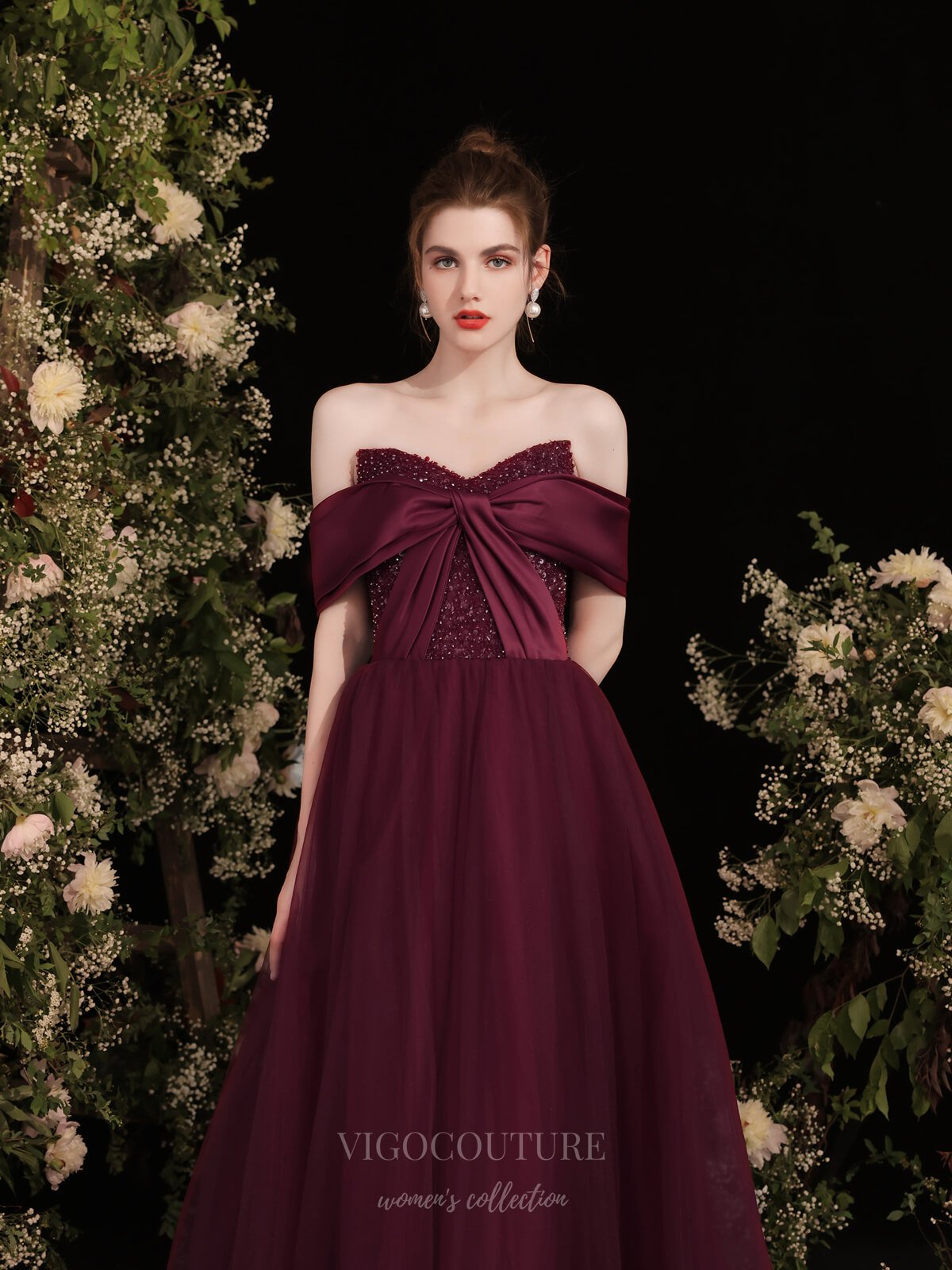 vigocouture-Burgundy Tulle Off the Shoulder Prom Dress 20731-Prom Dresses-vigocouture-