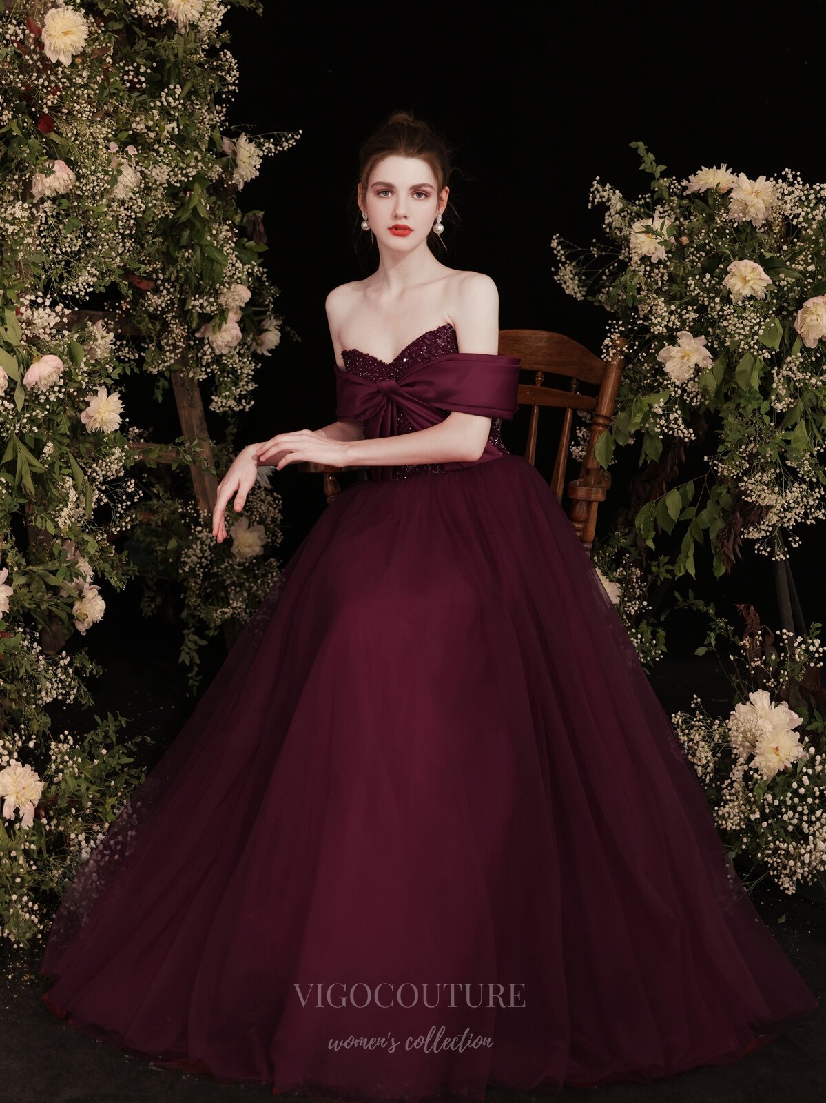 vigocouture-Burgundy Tulle Off the Shoulder Prom Dress 20731-Prom Dresses-vigocouture-Burgundy-US2-