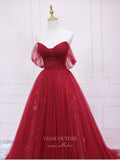 Burgundy Tulle Prom Dresses Off the Shoulder Formal Gown 21832-Prom Dresses-vigocouture-Burgundy-US2-vigocouture