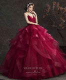 Burgundy Tulle Prom Dresses Tiered Spaghetti Strap Formal Gown 21816B-Prom Dresses-vigocouture-Burgundy-US2-vigocouture