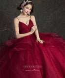 Burgundy Tulle Prom Dresses Tiered Spaghetti Strap Formal Gown 21816B-Prom Dresses-vigocouture-Burgundy-US2-vigocouture