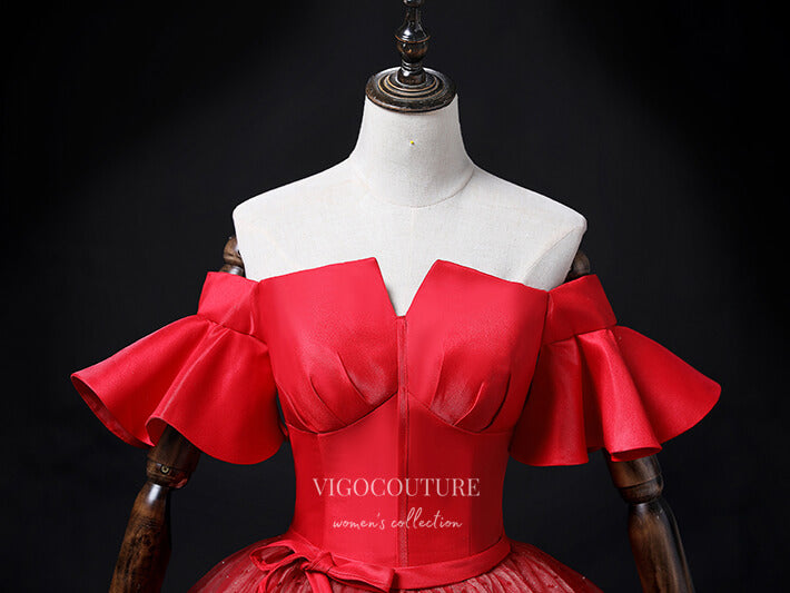 vigocouture-Burgundy Tulle Quinceanera Dresses Off the Shoulder Princess Dresses 21362-Prom Dresses-vigocouture-