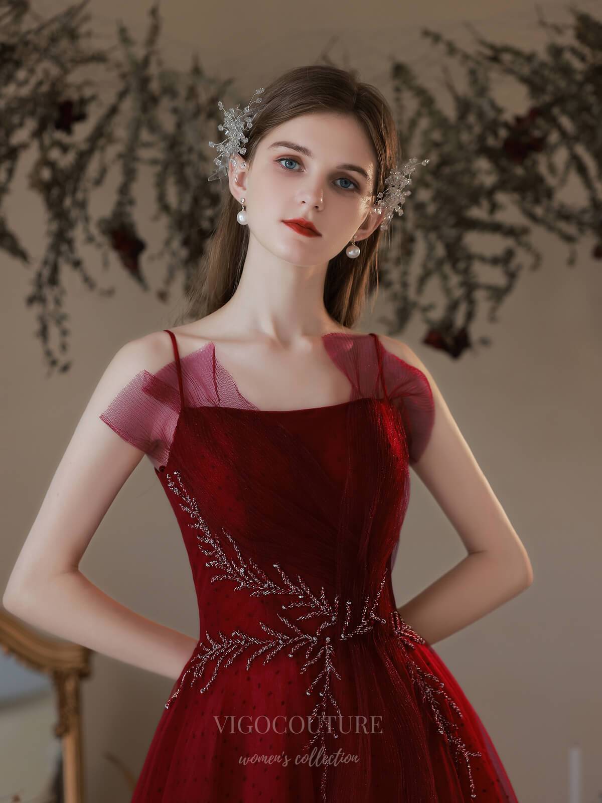 vigocouture-Burgundy Tulle Spaghetti Strap Beaded Prom Dress 20738-Prom Dresses-vigocouture-