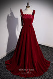 vigocouture-Burgundy Velvet Formal Dress A-Line Wide Strap Prom Dresses 21662-Prom Dresses-vigocouture-Burgundy-US2-