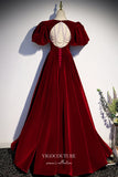 vigocouture-Burgundy Velvet Formal Dress Puffed Sleeve A-Line Prom Dresses 21673-Prom Dresses-vigocouture-