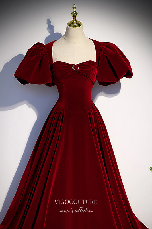 vigocouture-Burgundy Velvet Formal Dress Puffed Sleeve A-Line Prom Dresses 21673-Prom Dresses-vigocouture-