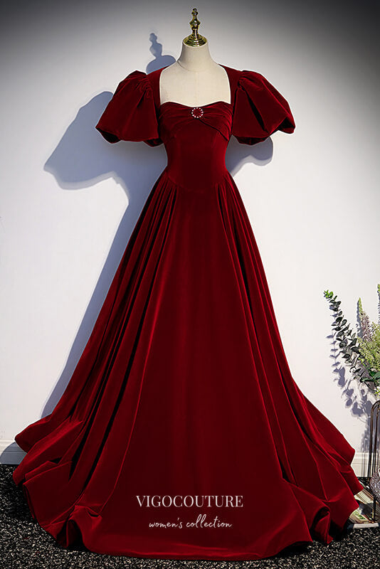 Burgundy Velvet Formal Dress Puffed Sleeve A-Line Prom Dresses 21673 –  vigocouture