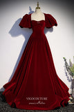 Burgundy Velvet Formal Dress Puffed Sleeve A-Line Prom Dresses 21673