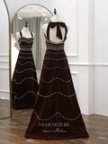 vigocouture-Burgundy Velvet Prom Dresses Beaded Formal Dresses 21192-Prom Dresses-vigocouture-