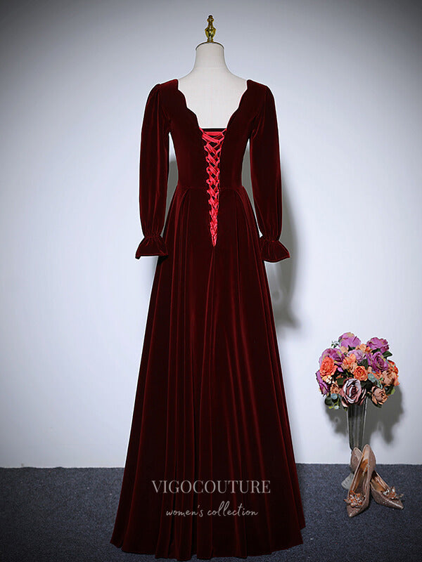 vigocouture-Burgundy Velvet Prom Dresses Long Sleeve Formal Dresses 21055-Prom Dresses-vigocouture-