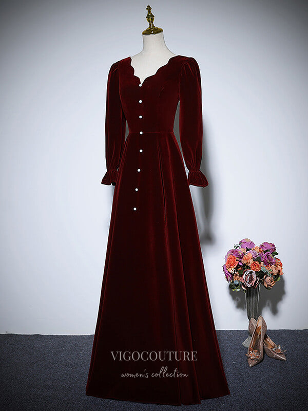 vigocouture-Burgundy Velvet Prom Dresses Long Sleeve Formal Dresses 21055-Prom Dresses-vigocouture-