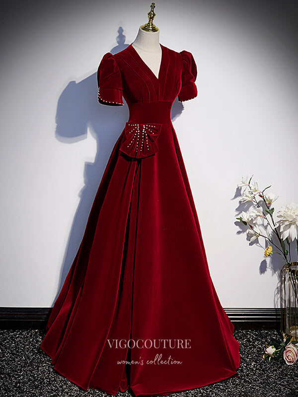 vigocouture-Burgundy Velvet Prom Dresses Puffed Sleeve Formal Dresses 21342-Prom Dresses-vigocouture-