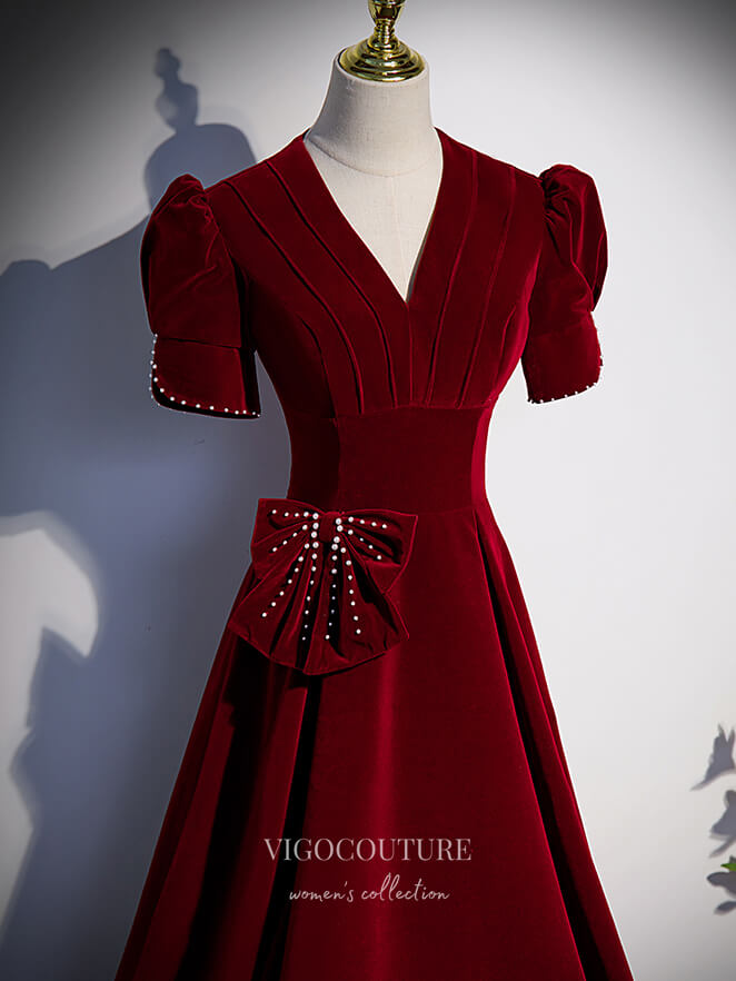 vigocouture-Burgundy Velvet Prom Dresses Puffed Sleeve Formal Dresses 21342-Prom Dresses-vigocouture-