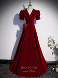 vigocouture-Burgundy Velvet Prom Dresses Puffed Sleeve Formal Dresses 21342-Prom Dresses-vigocouture-Burgundy-US2-
